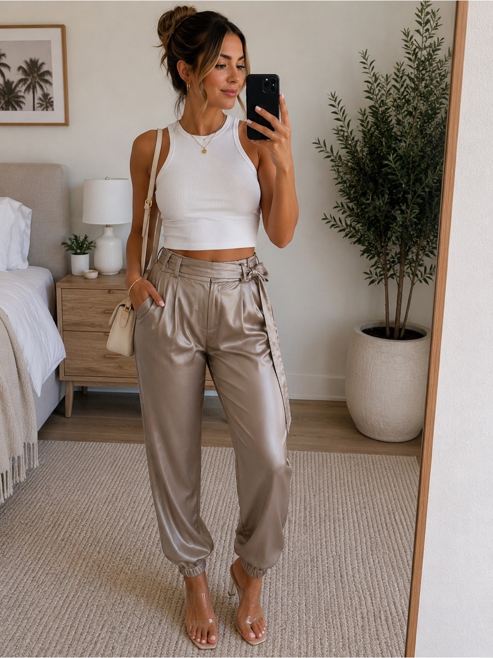 Maeve Anthropologie Satin Belted Jogger Pants Taupe Beige Size 0P Petite